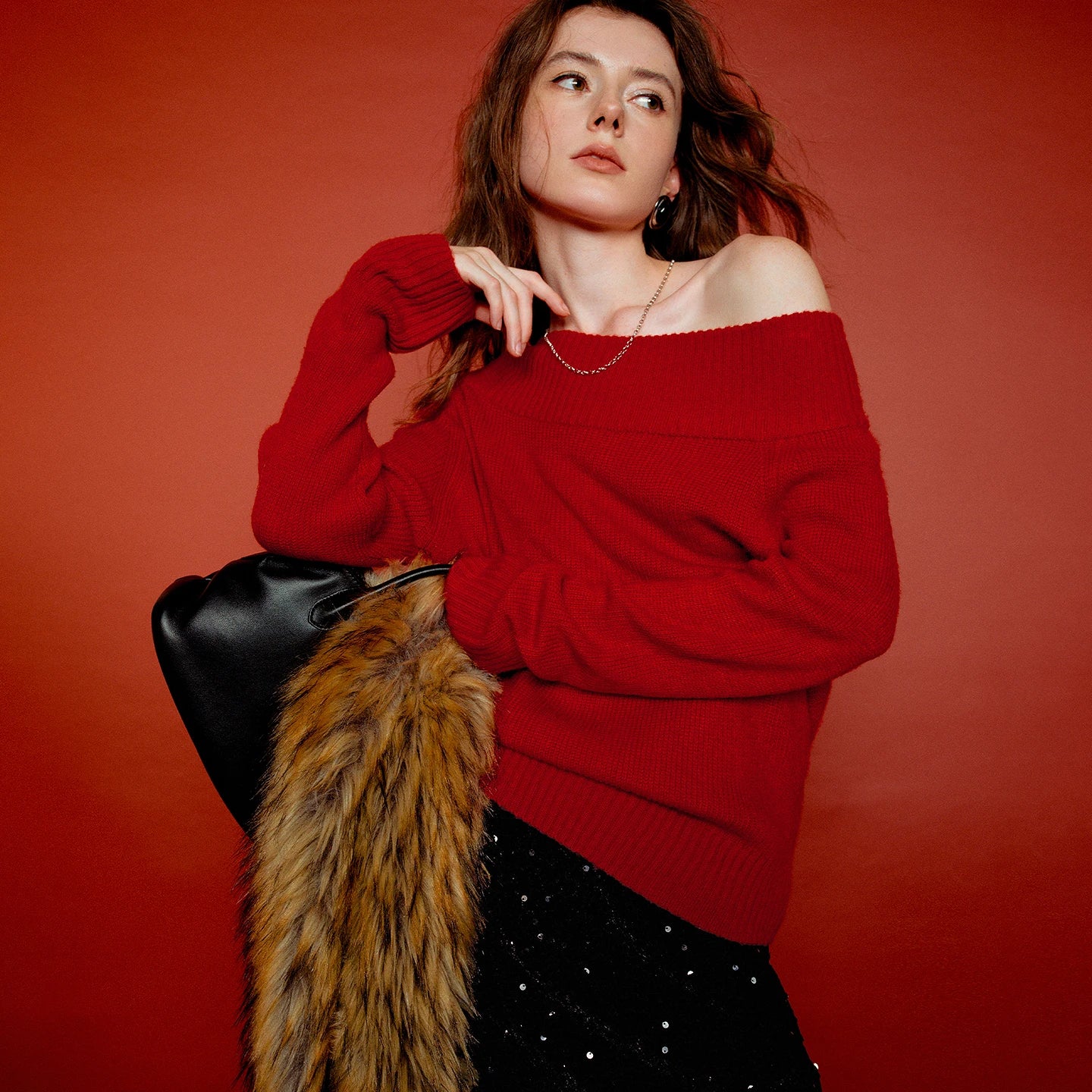 TOYOUTH Women Faux Mohair Knit Tops 2026 Spring New New Year Red Elegant Off-Shoulder Soft Cozy Blouses