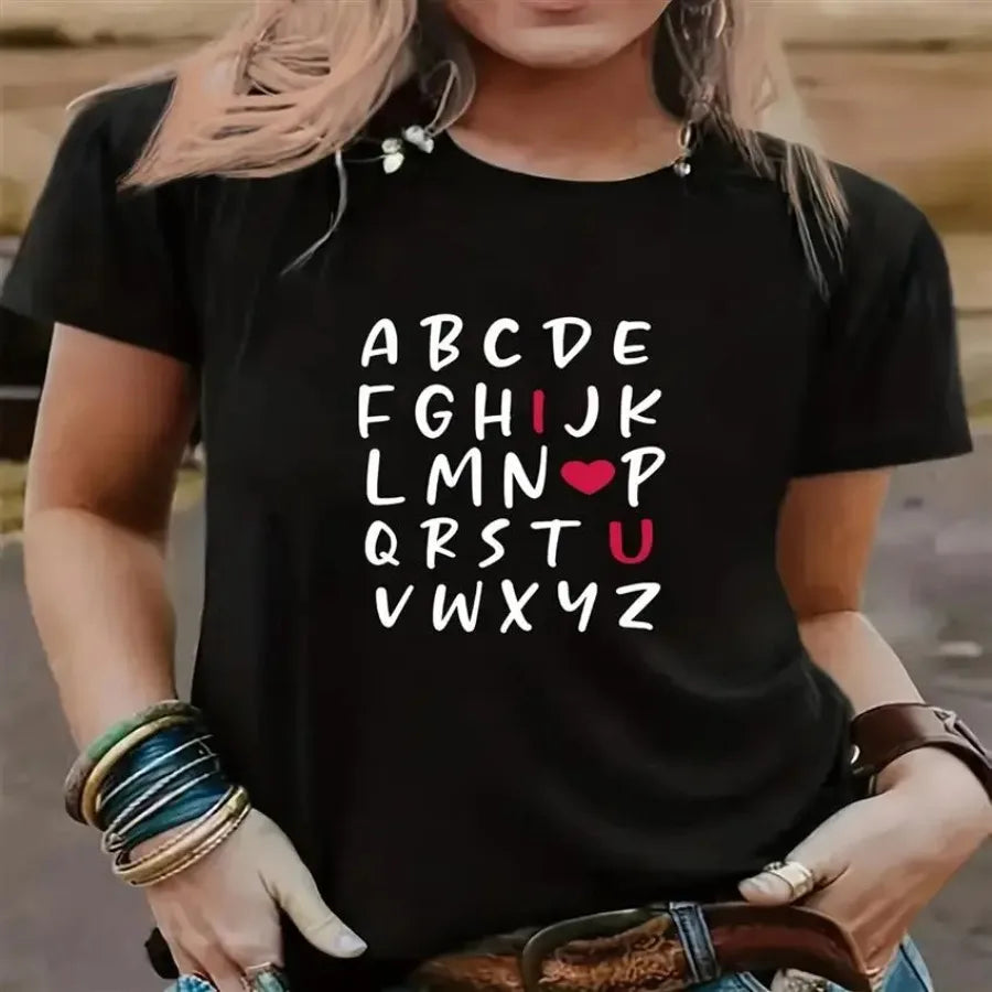 xiayu-Ladies' I Love You Alphabet Graphic Tee - Relaxed Crew Neck Short Sleeves Cozy Shirt with Heart Details Ideal for Spring