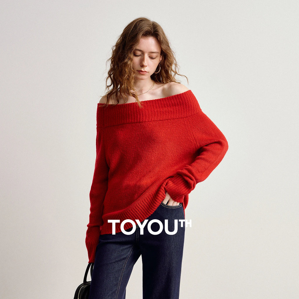 TOYOUTH Women Faux Mohair Knit Tops 2026 Spring New New Year Red Elegant Off-Shoulder Soft Cozy Blouses