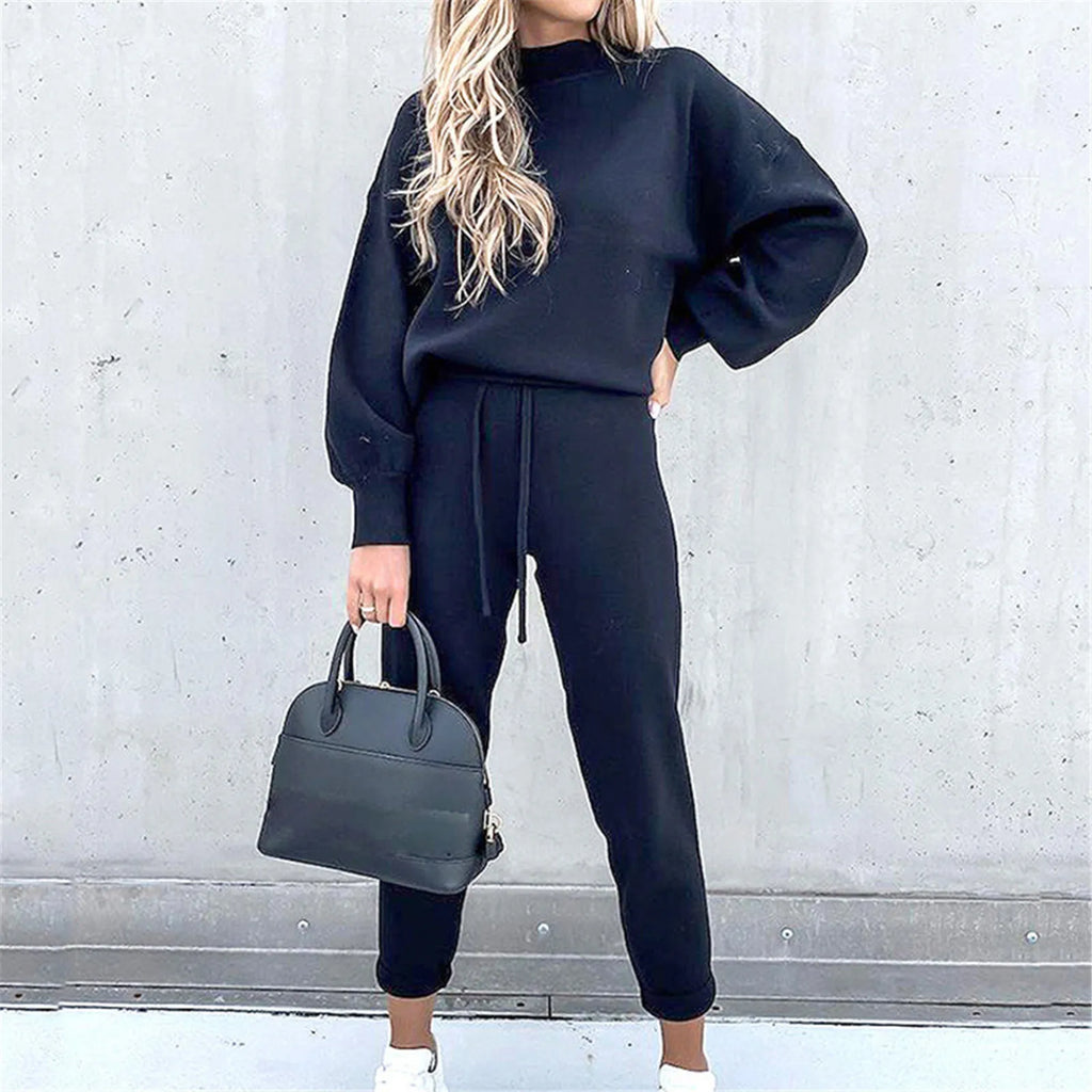 Elegant Cozy Women Two Piece Set Mock Neck Long Sleeve Top Popular Tie Waist Jogger Pants Loose Fit Comfy Casual Lounge Outfit