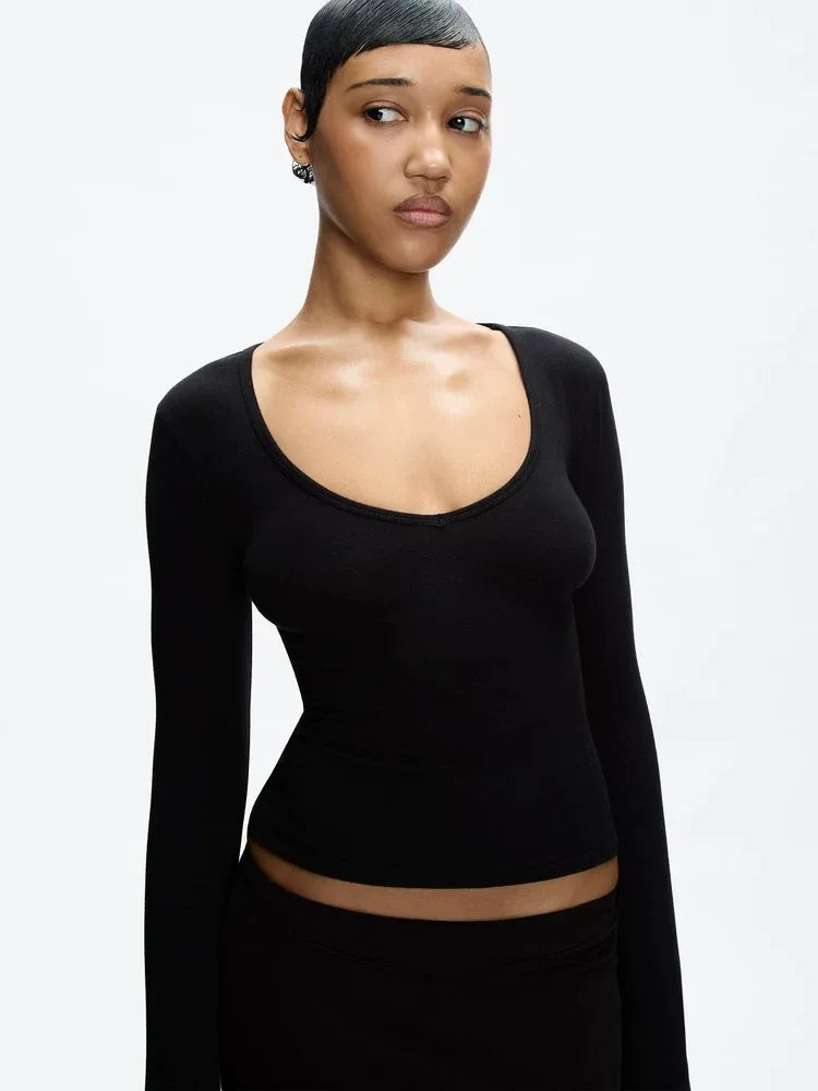Tank deep v elastic slim long sleeves autumn new women's top comfortable and thin