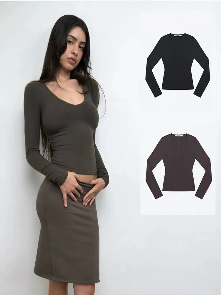 Tank deep v elastic slim long sleeves autumn new women's top comfortable and thin