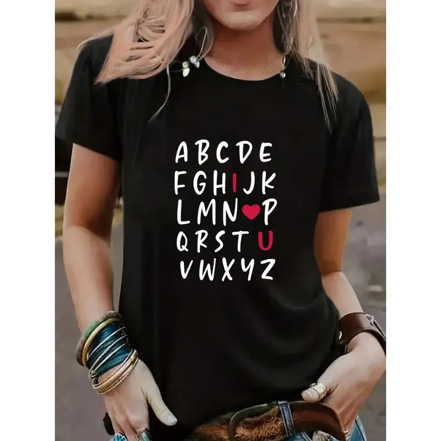 xiayu-Ladies' I Love You Alphabet Graphic Tee - Relaxed Crew Neck Short Sleeves Cozy Shirt with Heart Details Ideal for Spring